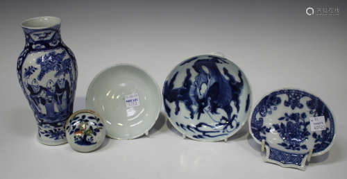 A small group of Chinese blue and white porcelain 18th century and later, comprising a saucer,