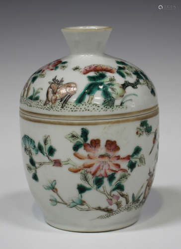 A Chinese famille rose enamelled porcelain jar and cover, early 20th century, of ovoid form, each