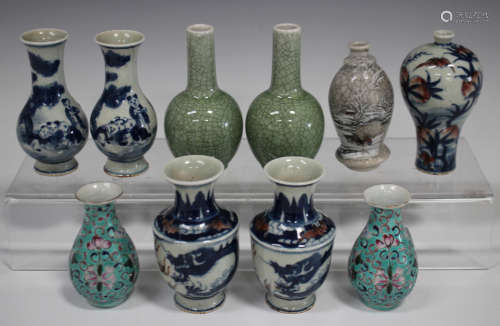 A group of ten Chinese miniature vases, 20th century and later, including a pair of celadon