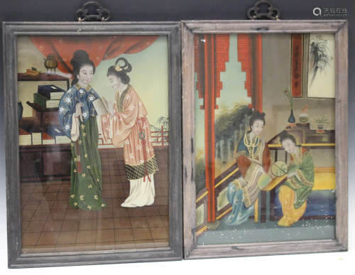 A pair of Chinese reverse paintings on glass, 20th century, each painted with two maidens in an