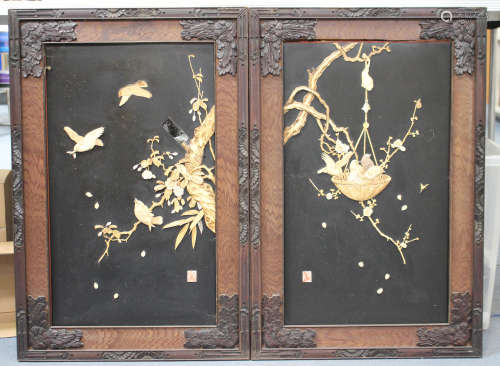 A pair of Japanese inlaid lacquer rectangular panels, early 20th century, each inlaid in carved