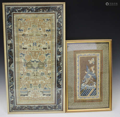 A pair of Chinese silk embroidered sleeve panels, late Qing dynasty, joined as one, worked in