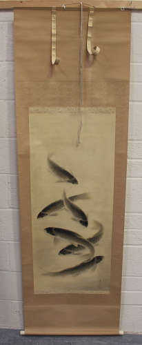 A Japanese hanging scroll painting, 20th century, painted with six silver carp, black painted