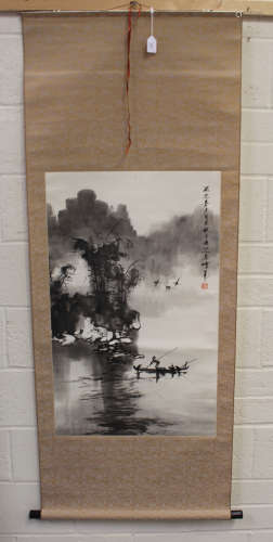 A Chinese hanging scroll painting, 20th century, painted with a fisherman and his boat approaching