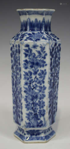 A Chinese blue and white porcelain vase, Kangxi period, of hexagonal form, painted with panels of