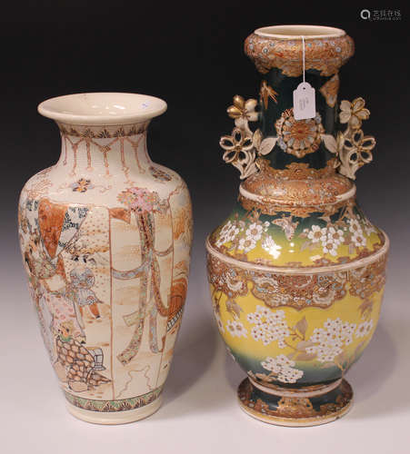 A Japanese Satsuma earthenware vase, Meiji period, painted and gilt with blossom on a yellow and