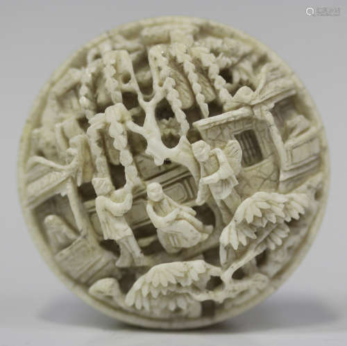 A Chinese Canton export ivory cylindrical counter box and cover, mid to late 19th century, carved in
