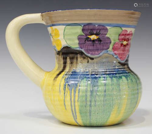 A Clarice Cliff Bizarre Delecia Pansies pattern jug, shape No. 635, printed, painted and moulded