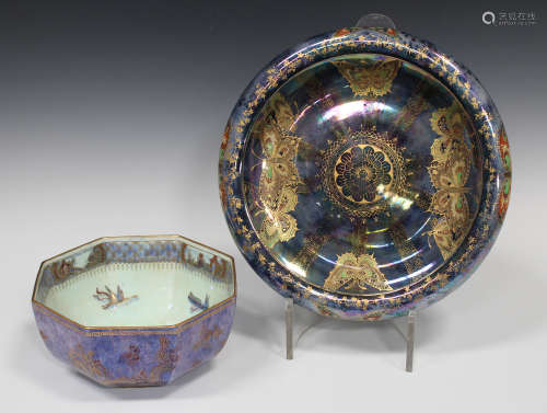 A Wedgwood blue lustre octagonal bowl, 1920s, designed by Daisy Makeig-Jones, gilt with dragons