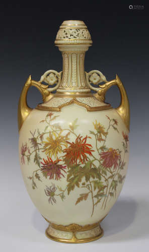 A Royal Worcester porcelain Persian style blush ivory ground vase, circa 1893, the ovoid body