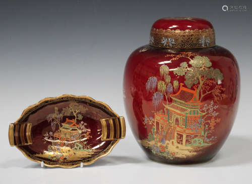A Carlton Ware Rouge Royale New Mikado pattern ginger jar and cover, height 22cm, and a matching