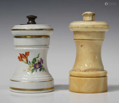 A Meissen porcelain pepper mill, early 20th century, painted with flowers within gilt banding,
