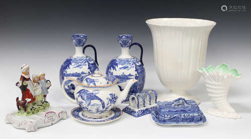 A mixed group of decorative ceramics, including a pair of Cauldon blue printed Chariot pattern