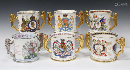 Six Paragon China large commemorative loving cups, including one commemorating the Golden Jubilee,