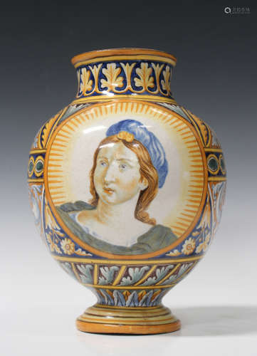 An Italian maiolica vase, early 20th century, the ovoid body painted with a head and shoulder