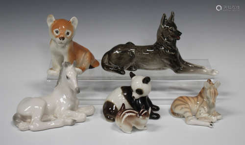 Six Lomonosov Russian porcelain models of animals, including a panda, horse, zebra and dog, together