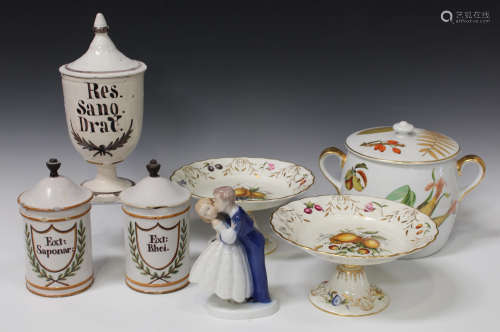 A group of decorative ceramics, late 19th century and later, including a pair of maiolica drug