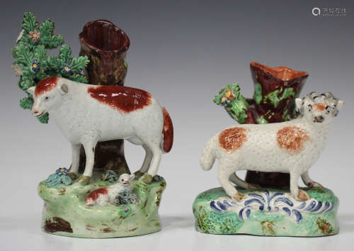 A Staffordshire pearlware model of a ram, early 19th century, modelled standing before a spill