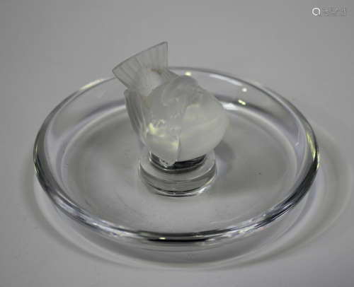A Lalique frosted and clear glass Finch pattern ring dish, post-1945, etched Lalique ® France to