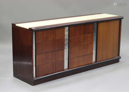 A mid/late 20th century hardwood sideboard with a marble top, fitted with eight drawers and a