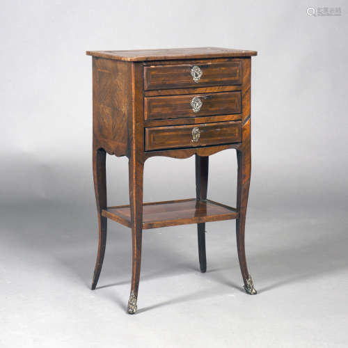 A Louis XV kingwood three drawer bedside table, the top, sides and undertier with crossbanded