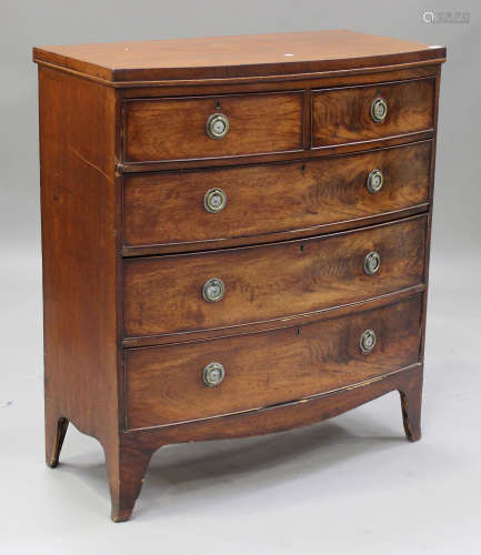 An early Victorian mahogany bowfront chest of two short and three long drawers, on bracket feet,