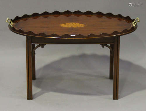 A late 20th century reproduction yew and shell inlaid tray-top occasional table with brass