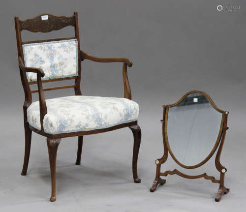 A late Victorian rosewood and brass inlaid bedroom chair, height 83cm, width 53cm, together with a