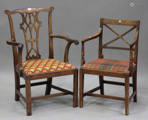 A George III mahogany pierced splat back elbow chair, the drop-in seat raised on block legs,