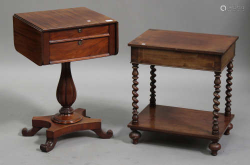 A Victorian mahogany drop-flap work table, fitted with two drawers, raised on a turned and reeded