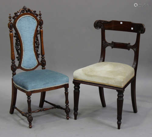 A late Victorian rosewood side chair with carved decoration, height 99cm, width 43cm, together