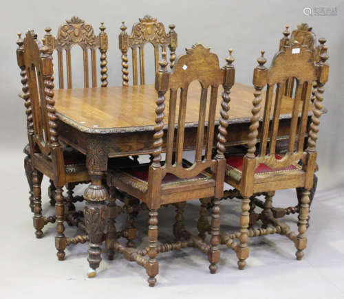 A set of six late Victorian oak dining chairs with carved decoration, each with a red leather seat