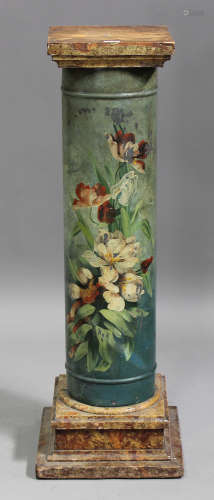 An early 20th century French tole painted tin and faux marble jardinière stand, decorated with