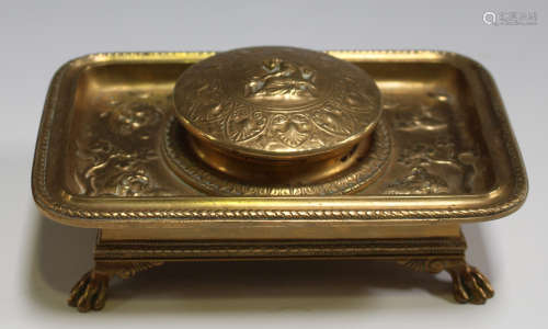 A 19th century French cast ormolu inkstand, marked 'F. Barbedienne Paris', the hinged lid