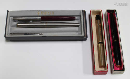 A gold plate cased fountain pen, within a Mabie Todd & Co Ltd Swan pen box, together with two Parker