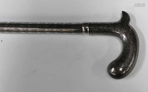 A late 19th century Indian Bidri ware sectional walking stick, the stem with concealed dagger, the