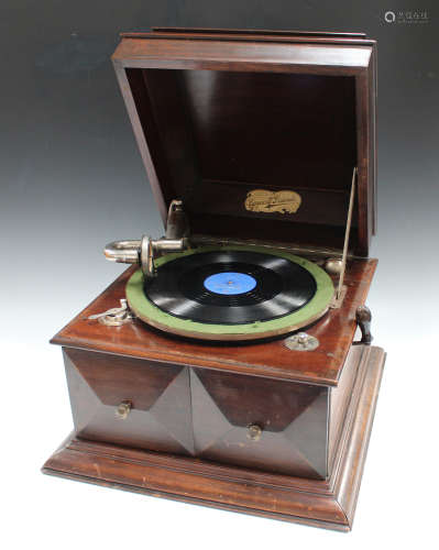 An early 20th century stained mahogany 'Concert Grande' table-top gramophone, width 44cm, together