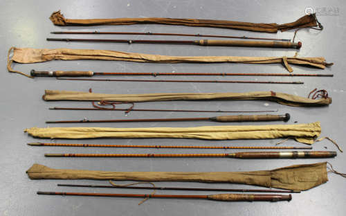 A group of six mainly early 20th century fishing rods, including a Sharpe 'Scottie' split cane rod.