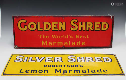 A 'Golden Shred, The Word's Best Marmalade' enamelled advertising sign, 26cm x 76cm, and a