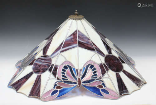 A late 20th century stained and leaded glass Tiffany style ceiling light shade, worked with panels