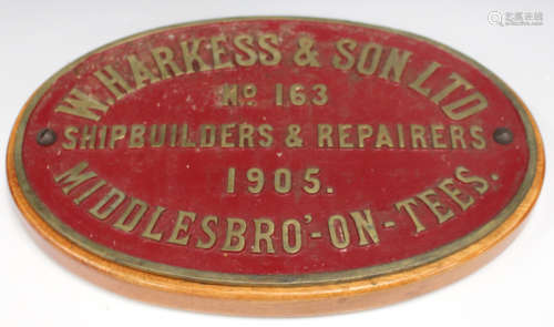 A 'W. Harkess & Son Ltd No. 163 Shipbuilders & Repairers' oval cast metal sign, dated 1905,