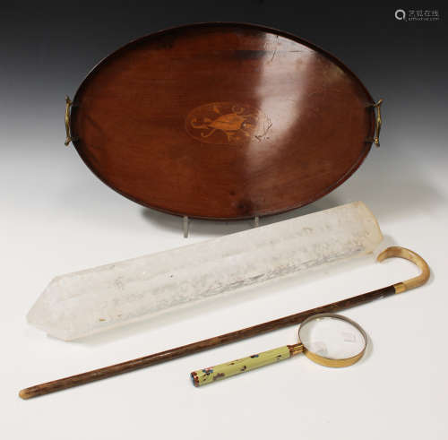 An Edwardian mahogany oval tea tray, length 56cm, a horn handled walking stick, a cloisonné