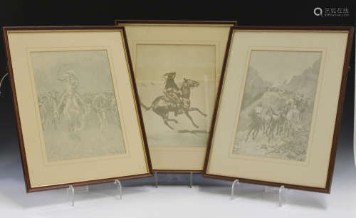 After Frederic Remington - a group of six monochrome prints depicting North American scenes of