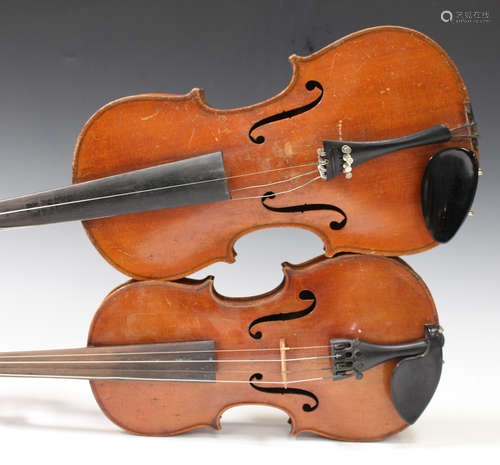 A violin with two-piece back, length of back excluding button 36cm, cased, together with a child's