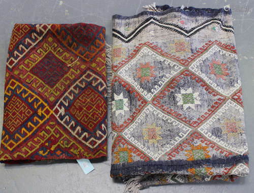 A Turkish flatweave bag front, worked with overall polychrome hooked guls, 120cm x 98cm, together