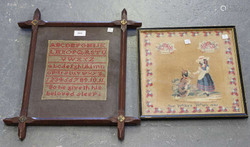A late Victorian needlework sampler, worked with overall bands of letters and numbers in red wool,
