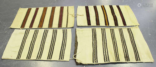 A group of four Turkish flatweave bags, embroidered with overall geometric bands, all approx 110cm x