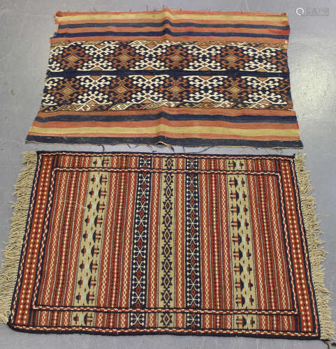 A Shahsavan type woven bag front, 110cm x 90cm, together with two Turkish embroidered bags, a saddle
