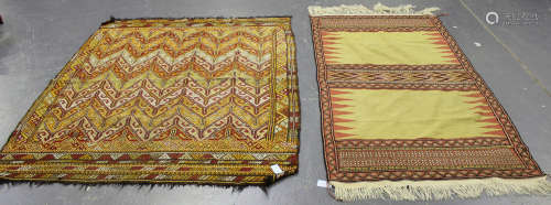 A Turkish flatweave rug, the yellow twin compartment field within a geometric border, 210cm x 110cm,