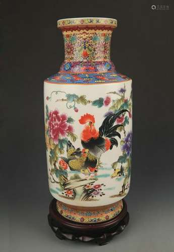 A FAMILLE ROSE STORY PAINTED PORCELAIN VASE